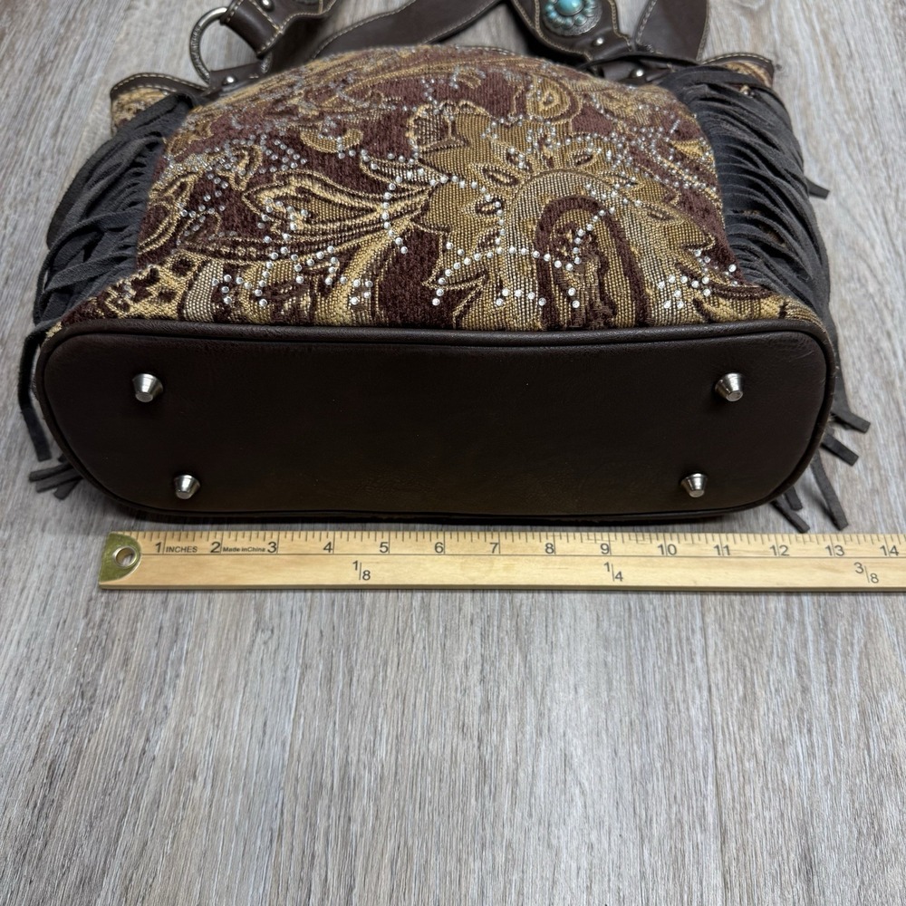 Montana West Cowgirl Tapestry Handbag Turquoise Concho Handles Rhinestone Bling - Picture 14 of 16